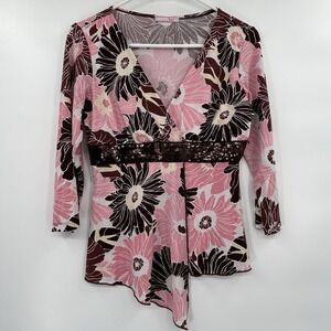 Vintage Y2K Asymmetrical Sequined Top Size S/M Pink‎ Floral Fairy Indie Sleaze